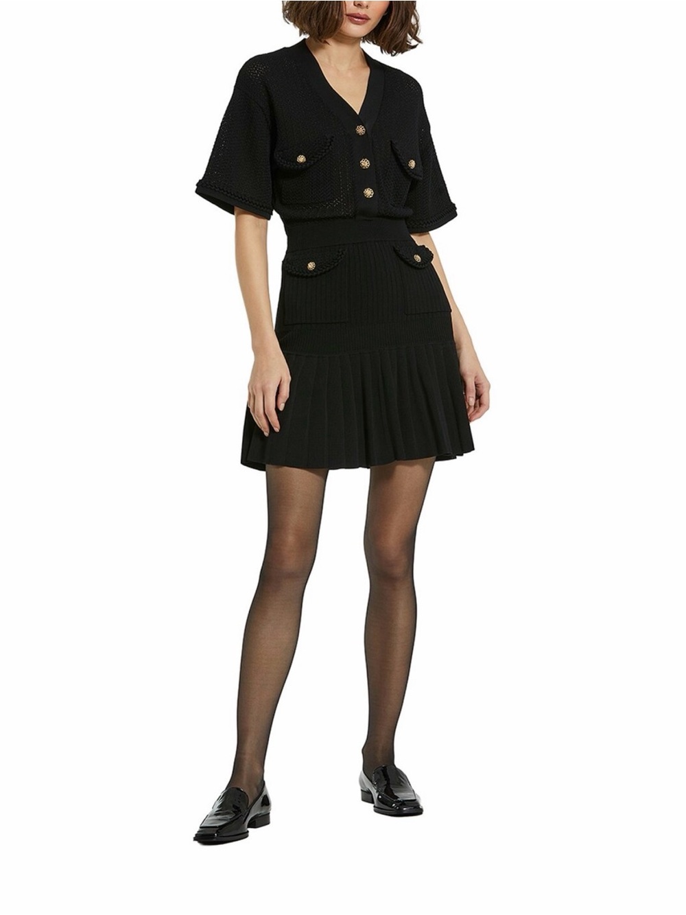 Mac Duggal Black Pleated Mini Skirt with Decorative Buttons